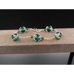 7 Inch Sterling Silver Unique Green Crystals With Leaf Accents Nature Bracelet